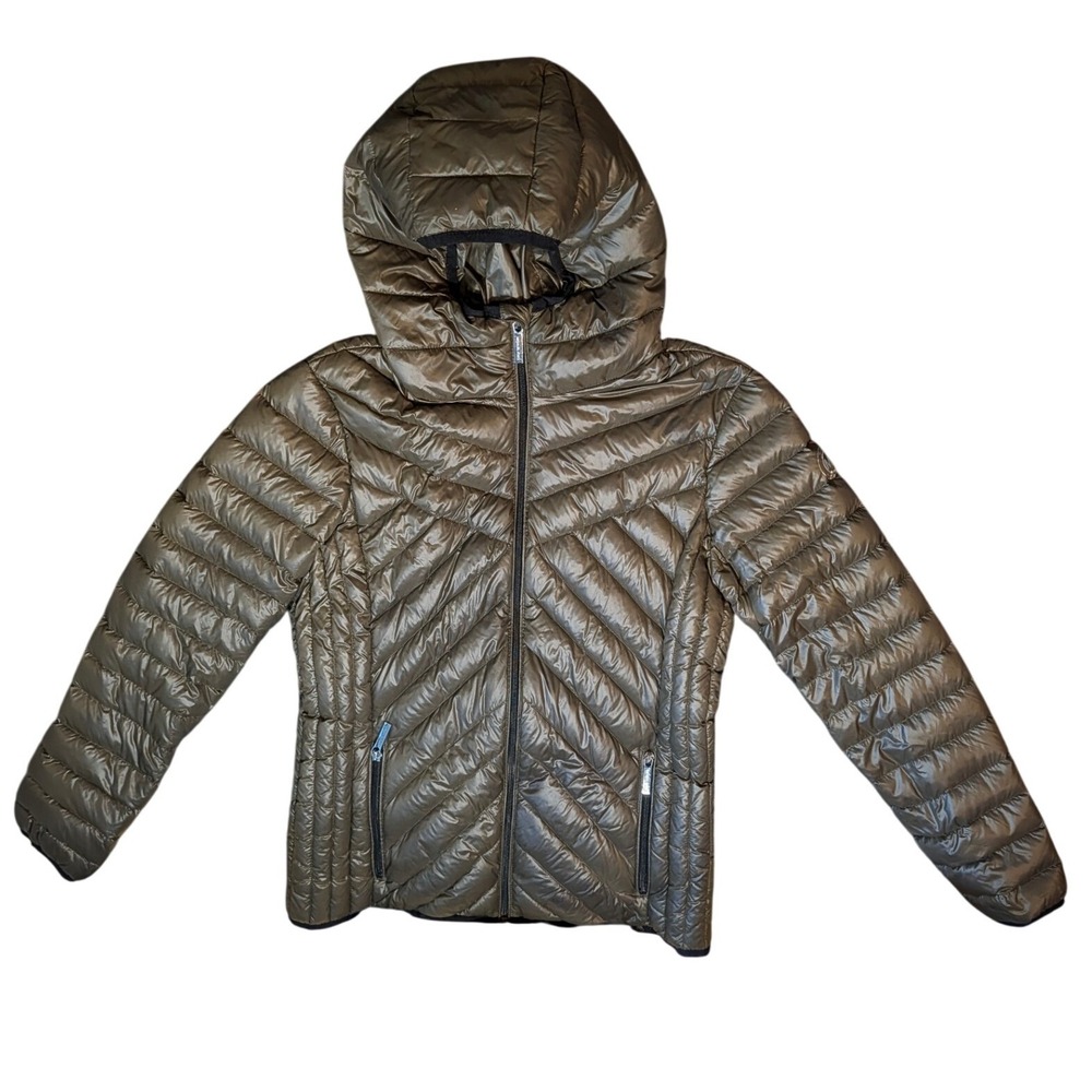 Michael Kors Packable Down Puffer Jacket Olive Green Metallic Hooded Womens M